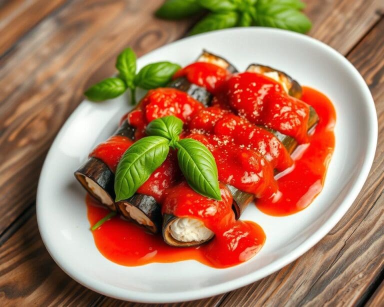 Aubergine rolletjes met ricotta en tomatensaus