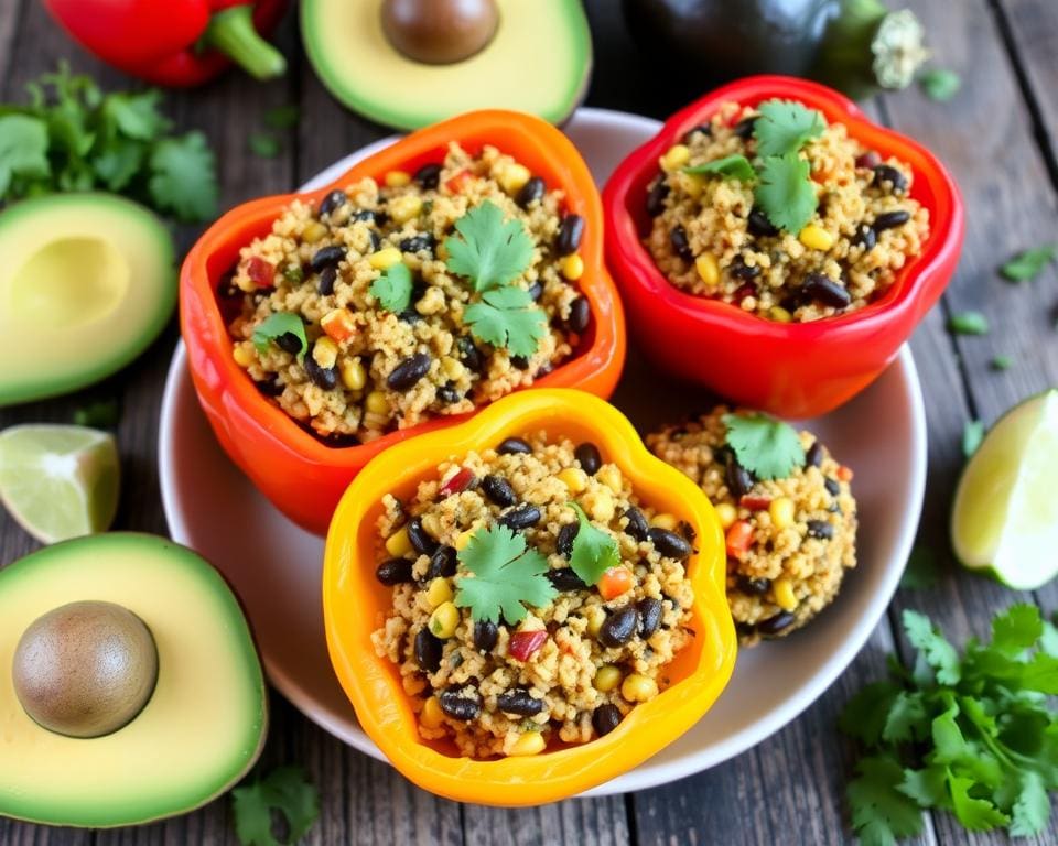 Gevulde paprika’s met quinoa en zwarte bonen