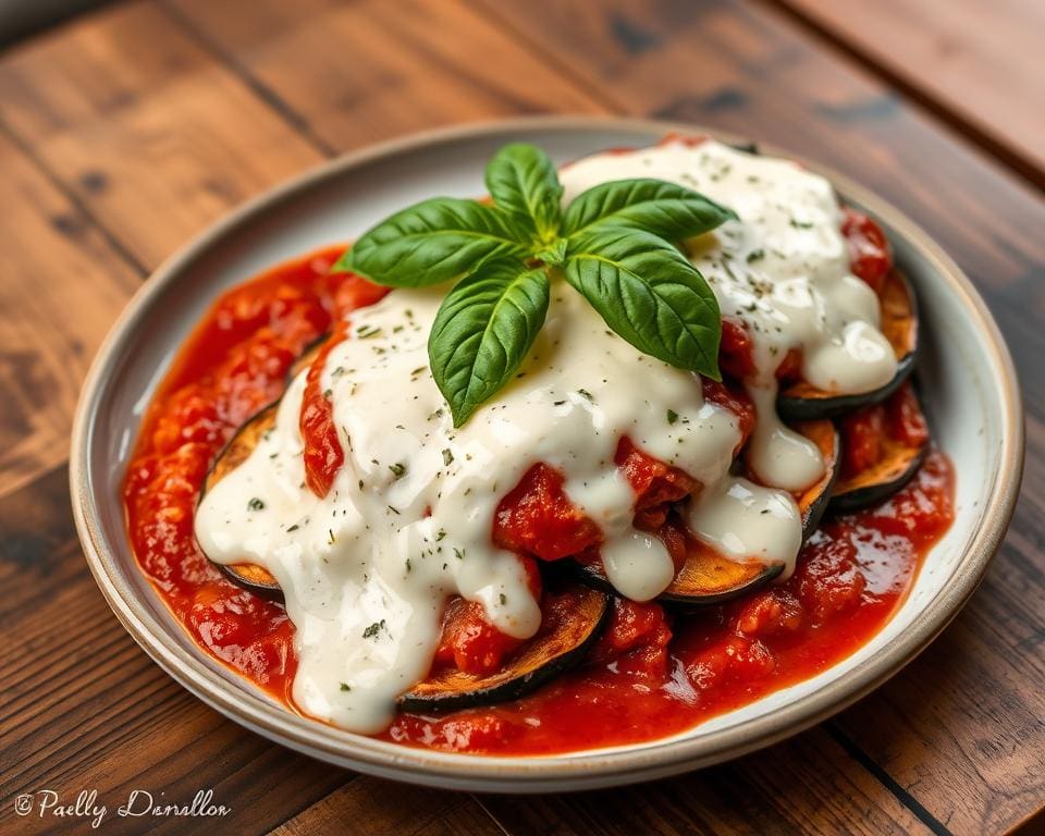 Aubergine parmigiana met een romige kaassaus