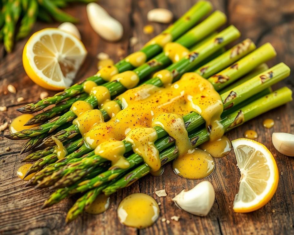 Gegrilde asperges met een citroen-knoflooksaus