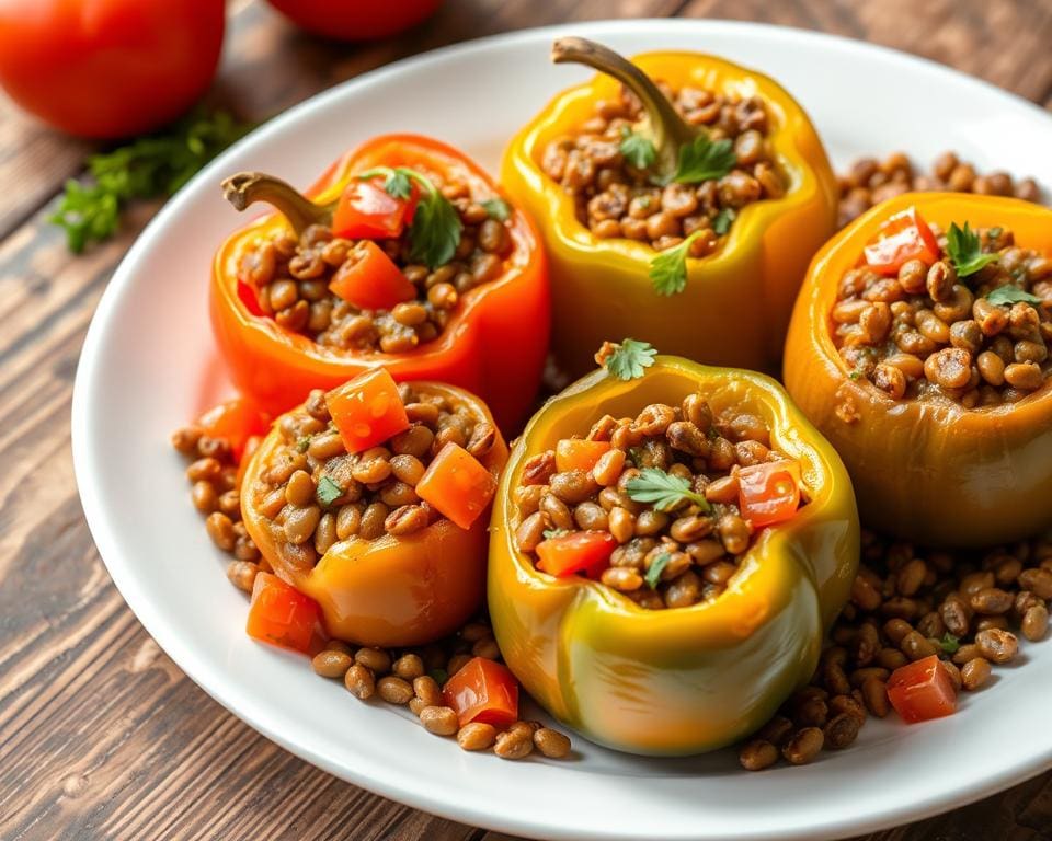 Gevulde paprika’s met linzen en tomaten