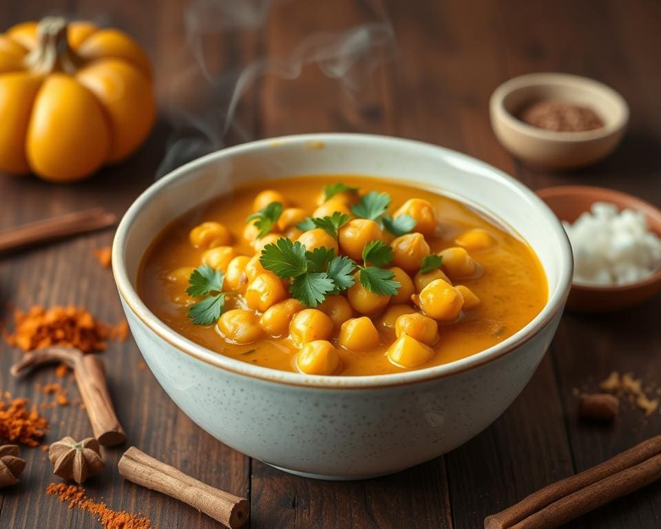 Pompoencurry met kikkererwten en koriander