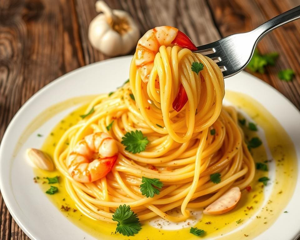 Spaghetti aglio e olio met garnalen
