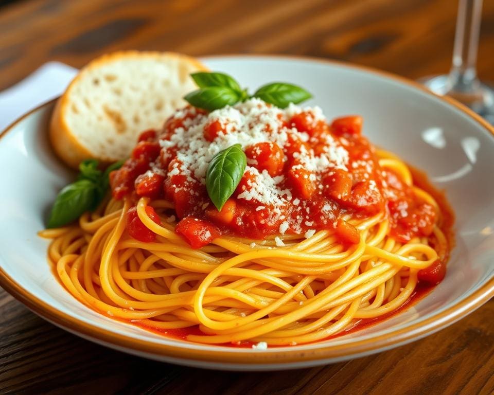 Spaghetti met een pittige tomatensaus