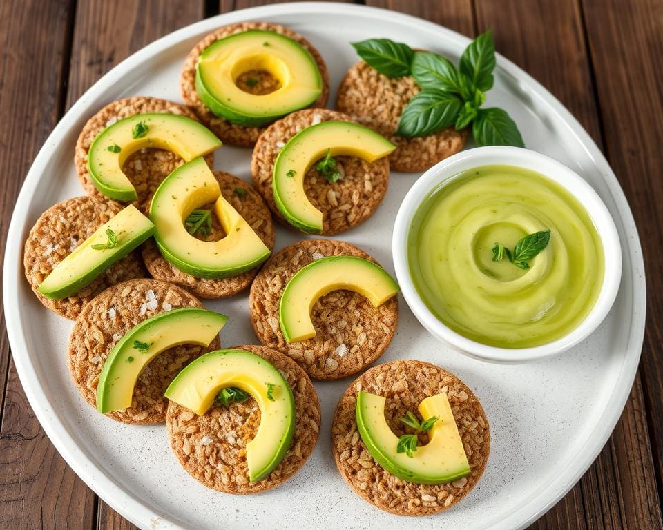 Volkoren crackers met avocado en een limoendip