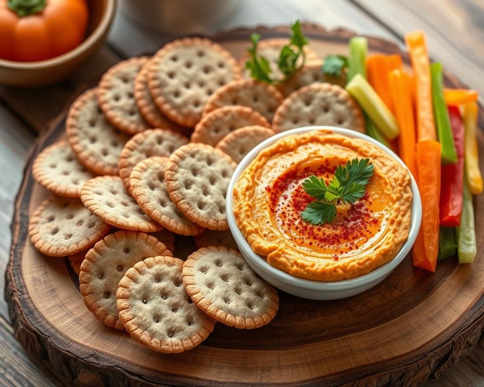 Volkoren crackers met een pittige hummusdip