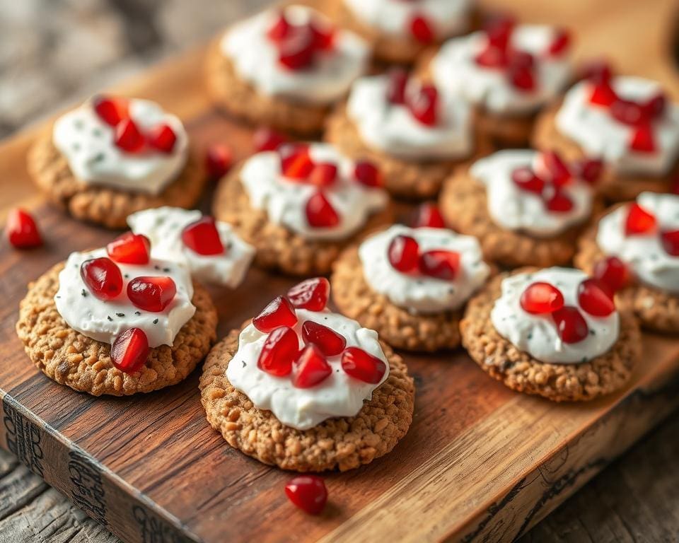 Volkoren crackers met roomkaas en granaatappel