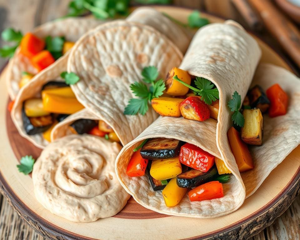 Volkoren wraps met geroosterde groenten en hummus