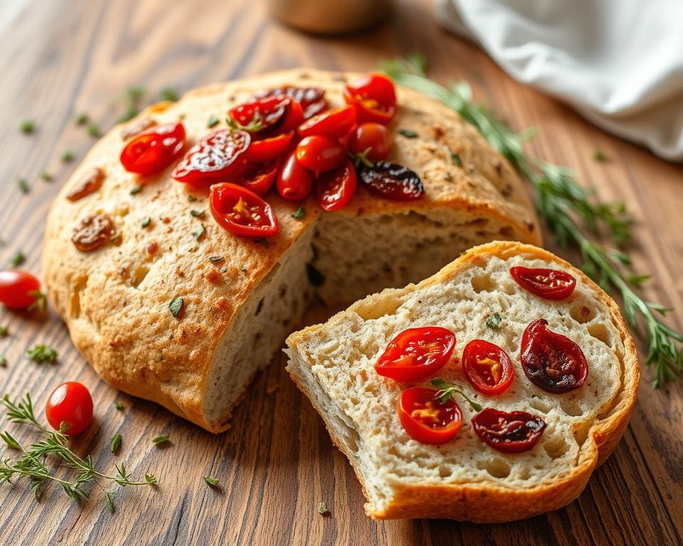 Volkoren zuurdesem focaccia met zongedroogde tomaten