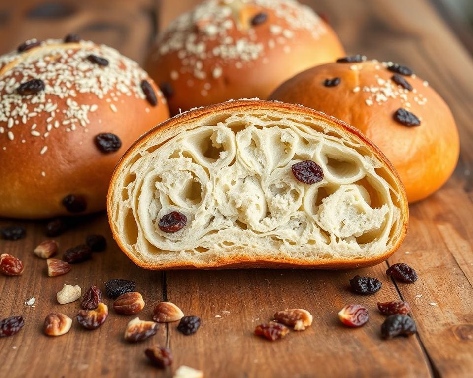 Volkoren zuurdesembroodjes met rozijnen en noten