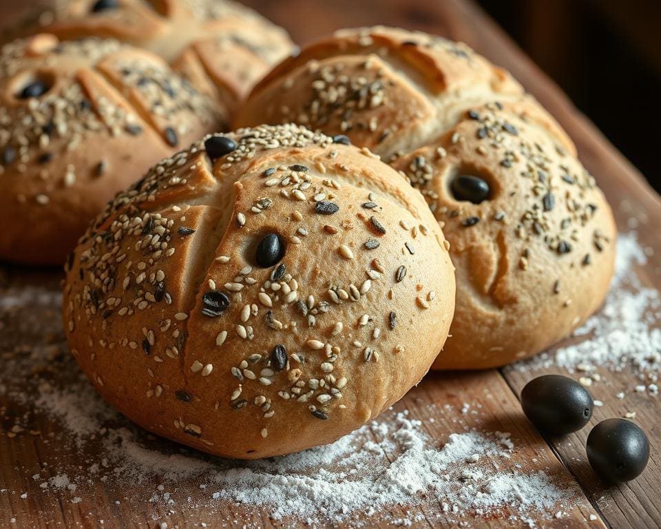 Volkoren zuurdesembroodjes met zaden en olijven
