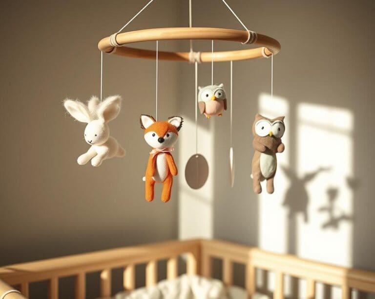 Handgemaakte babymobiel met dierenthema's