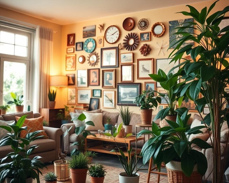 decoratie inspiratie met wanddecoratie ideeën en planten woonkamer