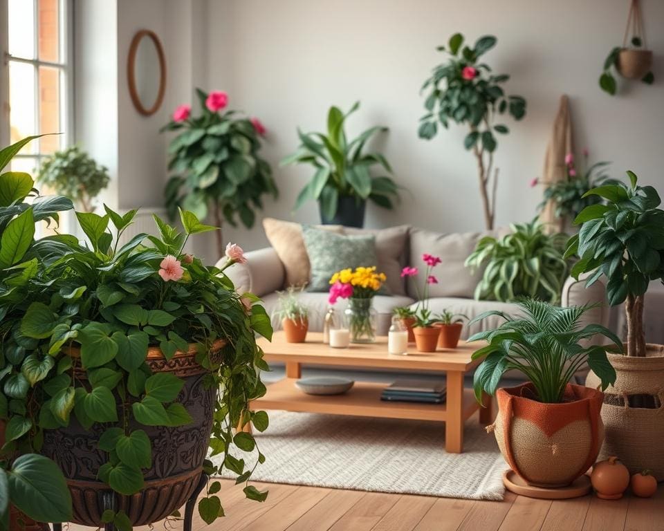 woonkamer met planten en bloempotten