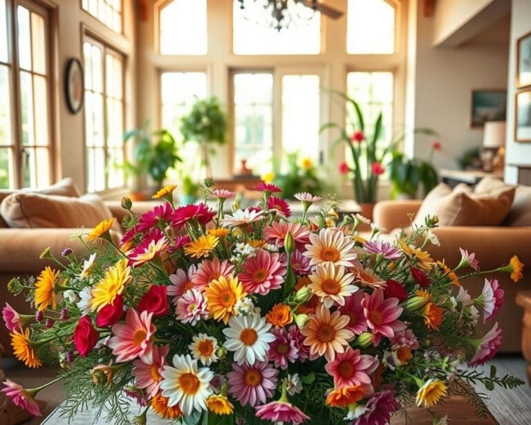 Een vrolijk interieur met verse bloemen