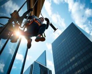 Hoe werkt een glazenwasser veilig op hoogte?