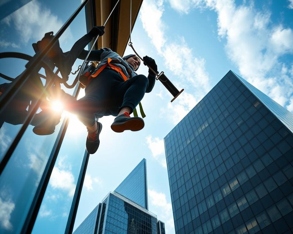 Hoe werkt een glazenwasser veilig op hoogte?